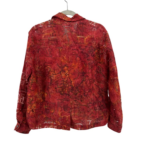 Chicos Red Orange Abstract Print Linen Blend Sheer Button Up Shirt Size 1 US M - Picture 2 of 11